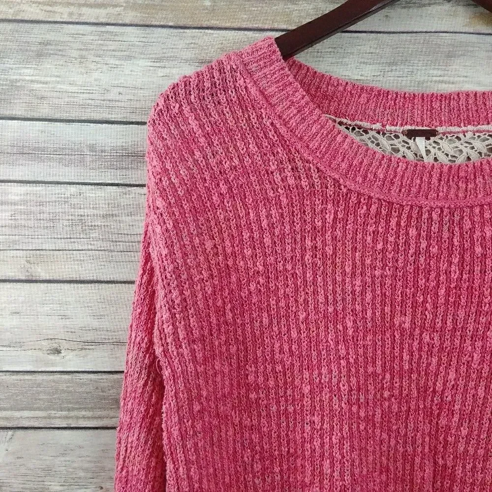 Free People Womens Lace Back Embroidered Sweater Top Pink XS